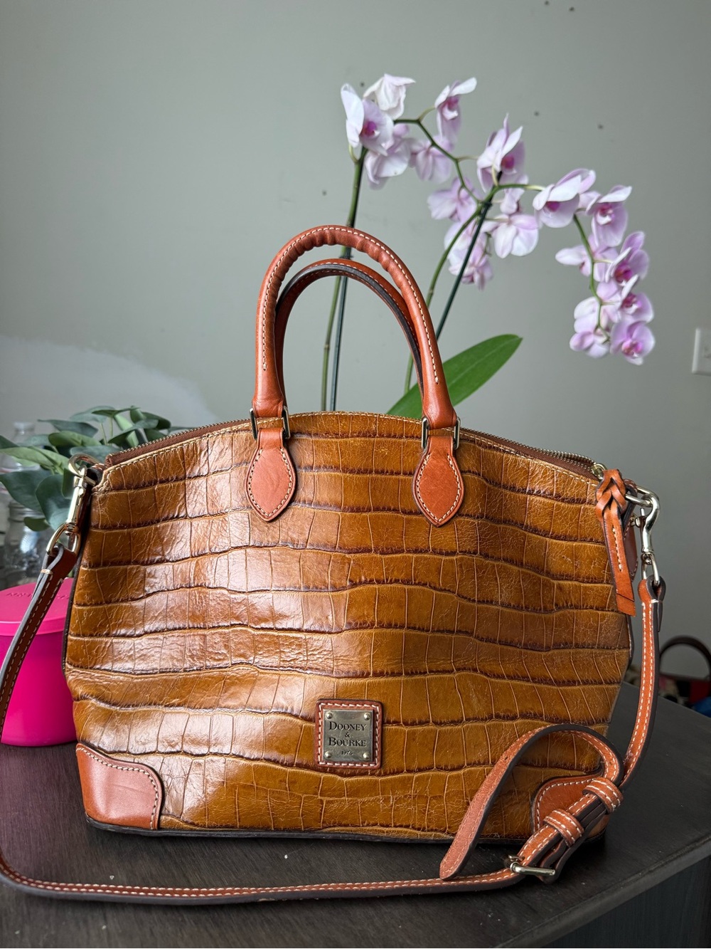Dooney & Bourke Tan Croc-Embossed Leather Satchel Bag